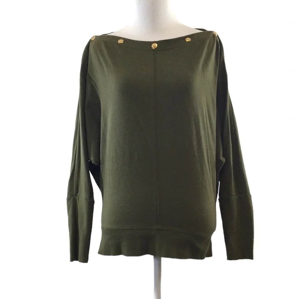 Stella & Dot Olive Green Snap Shoulder Tee Womens Small Dolman T Shirt